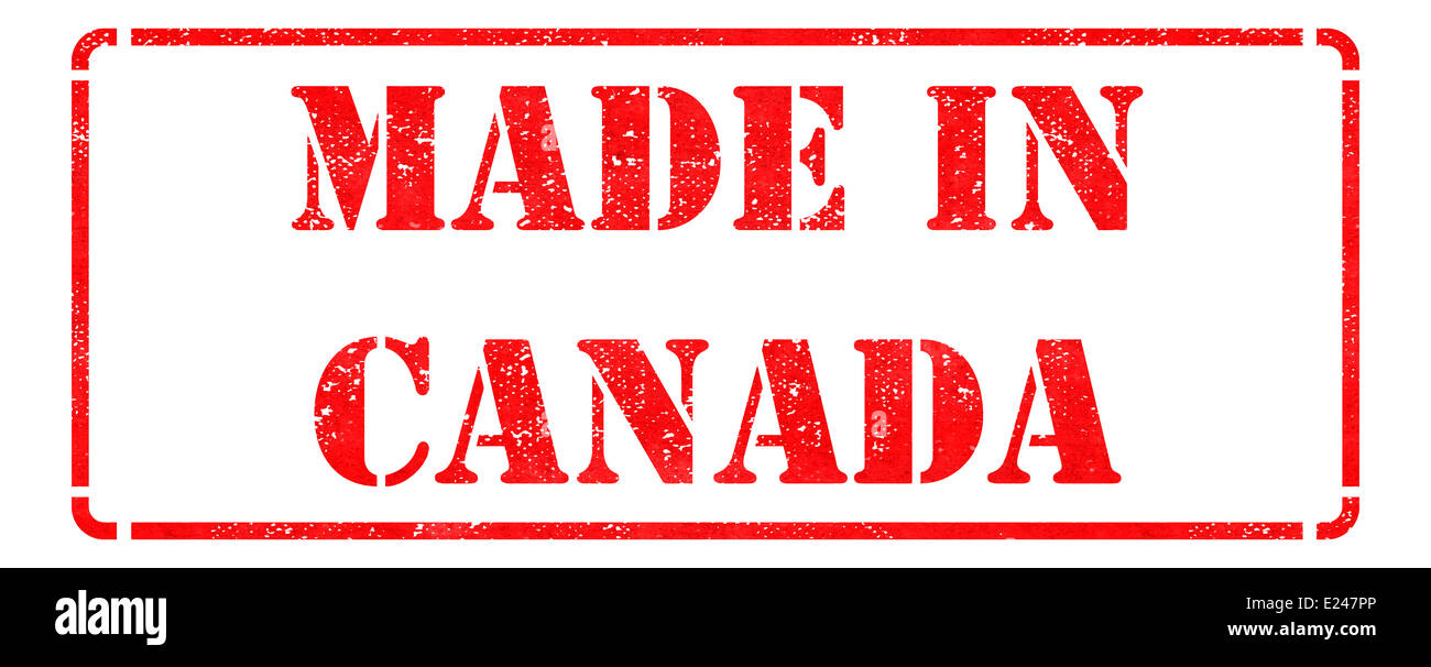 Fabriqué au Canada - inscription sur timbres en caoutchouc rouge. Banque D'Images