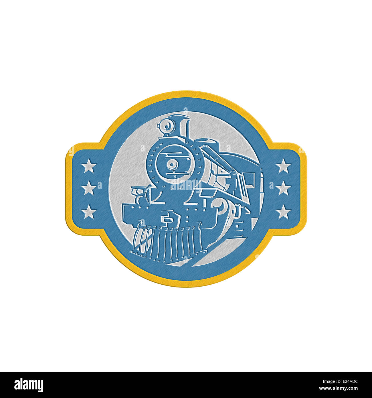 Illustration de style métallique d'un train à vapeur locomotive vue de l'avant ensemble à l'intérieur du cercle fait en style retro isolées sur fond blanc. Banque D'Images