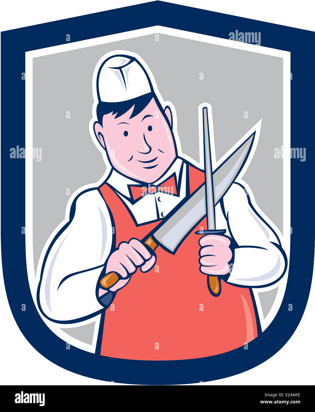 Illustration d'un boucher cutter worker holding affûtage des couteaux fixés à l'intérieur de la crête de l'écran sur fond isolé fait en style cartoon. Banque D'Images