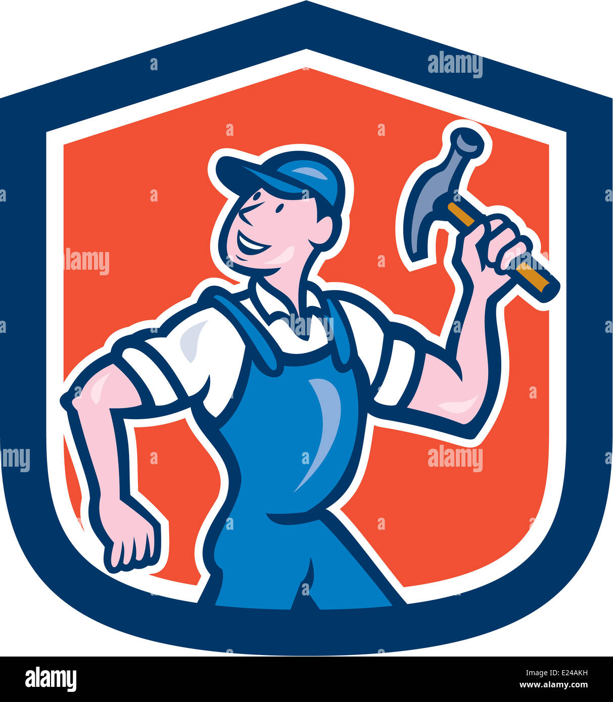 Illustration d'un Charpentier constructeur construction worker holding hammer situé à l''intérieur de la crête du bouclier fait en style cartoon. Banque D'Images