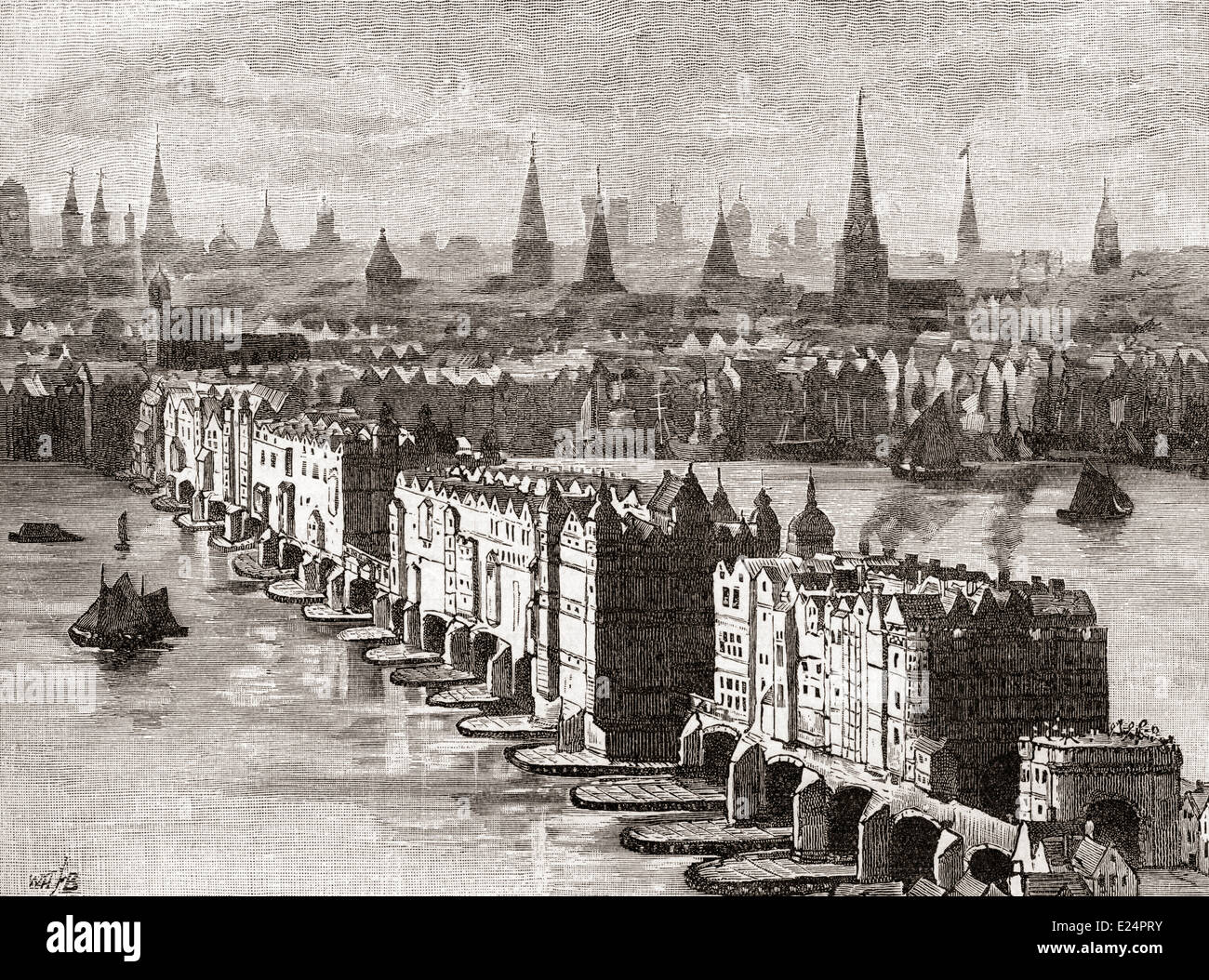 Old London Bridge, avec les quatre étages maison Nonsuch, achevée en 1579, Londres, Angleterre au 16ème siècle. Banque D'Images