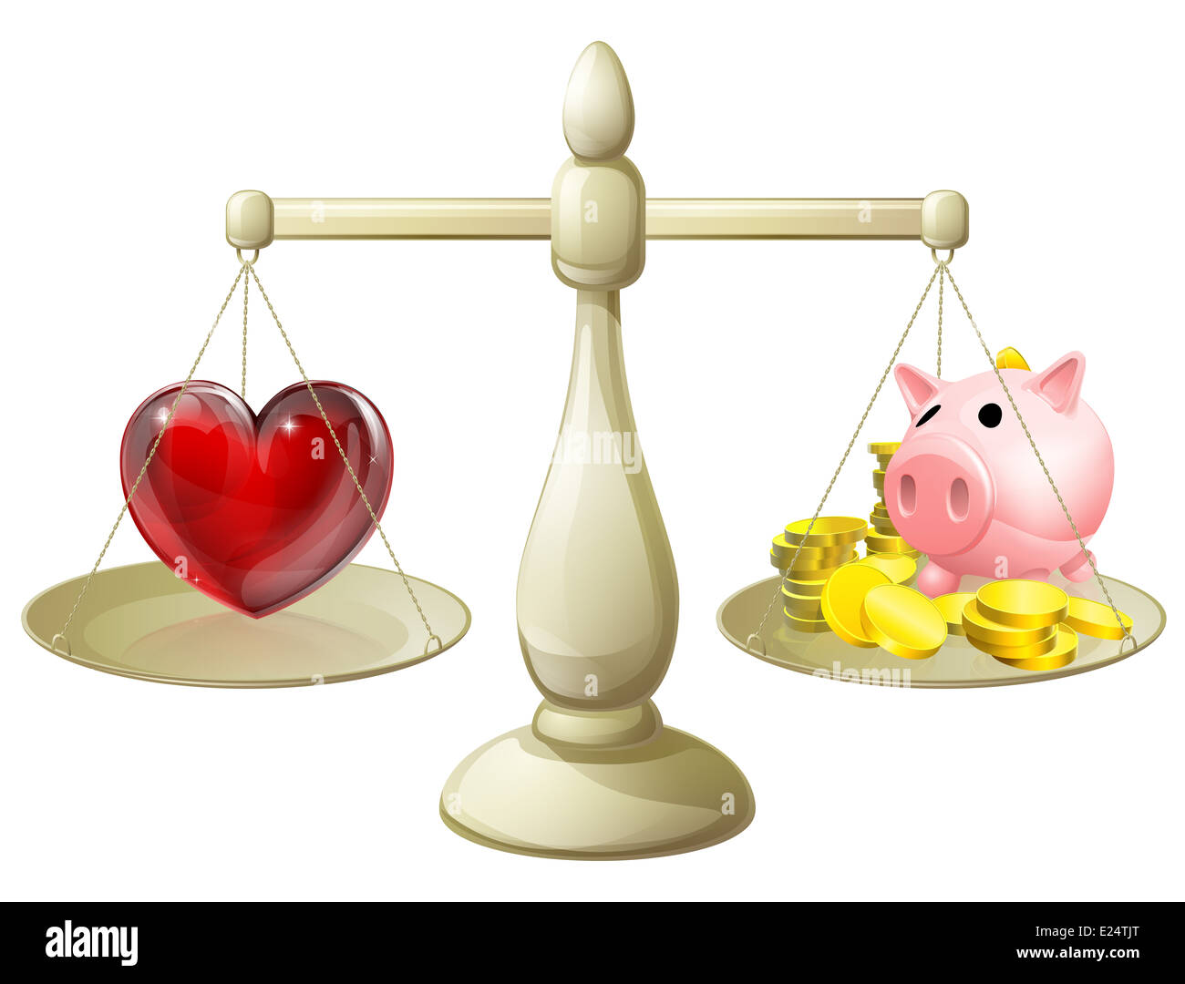 L'amour ou l'argent work life balance pèse-personne, pèse-personne avec une tirelire sur un côté et un coeur sur l'autre Banque D'Images