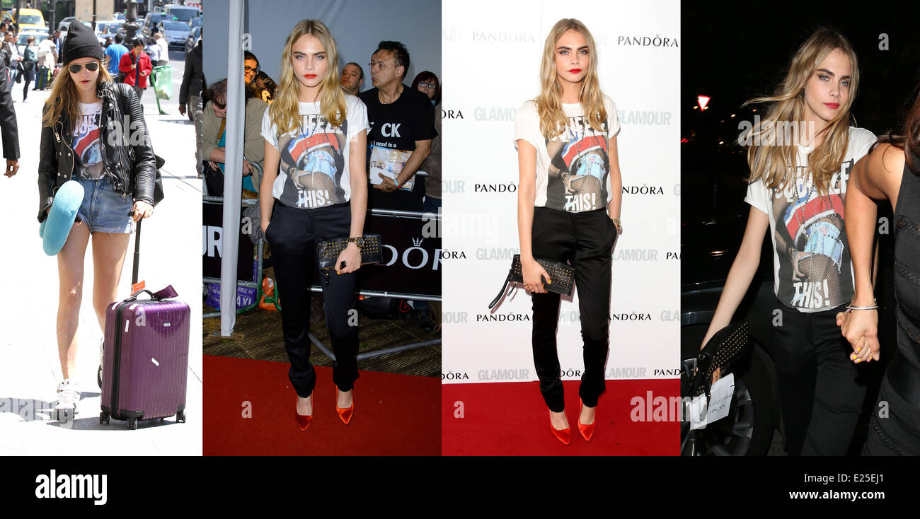 Cara Delevingne portait le même t-shirt toute la journée le mardi (05Sep13) - Le modèle a d'abord repéré le porter à Paris, avant t Banque D'Images