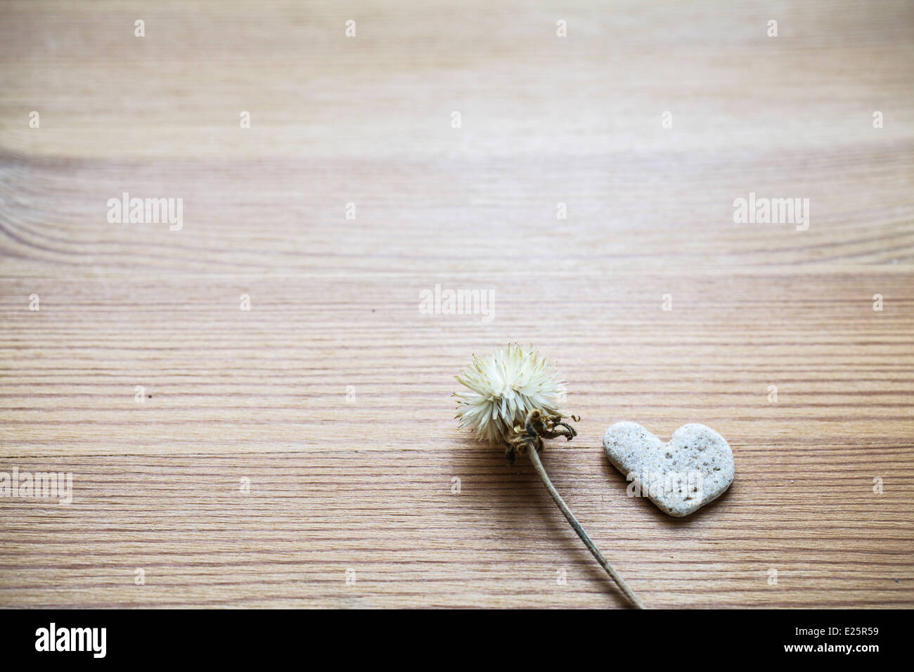Fleur et coeur en pierre de formes sur fond de bois Banque D'Images