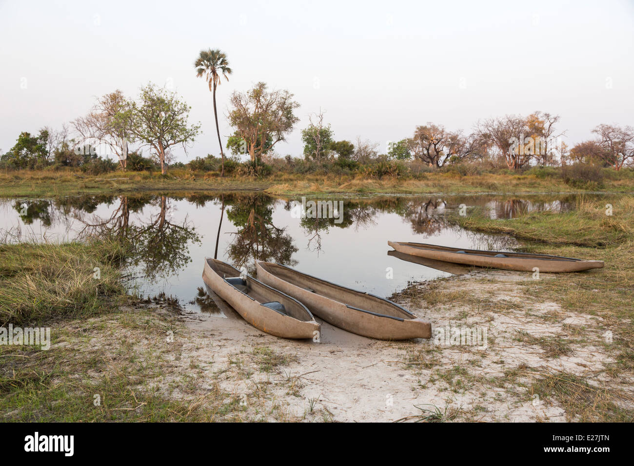 Banque de Mokoro canot sur la rivière encore avec des réflexions d'arbres à Xigera dans le Delta de l'Okavango, Botswana, Afrique du Sud Banque D'Images