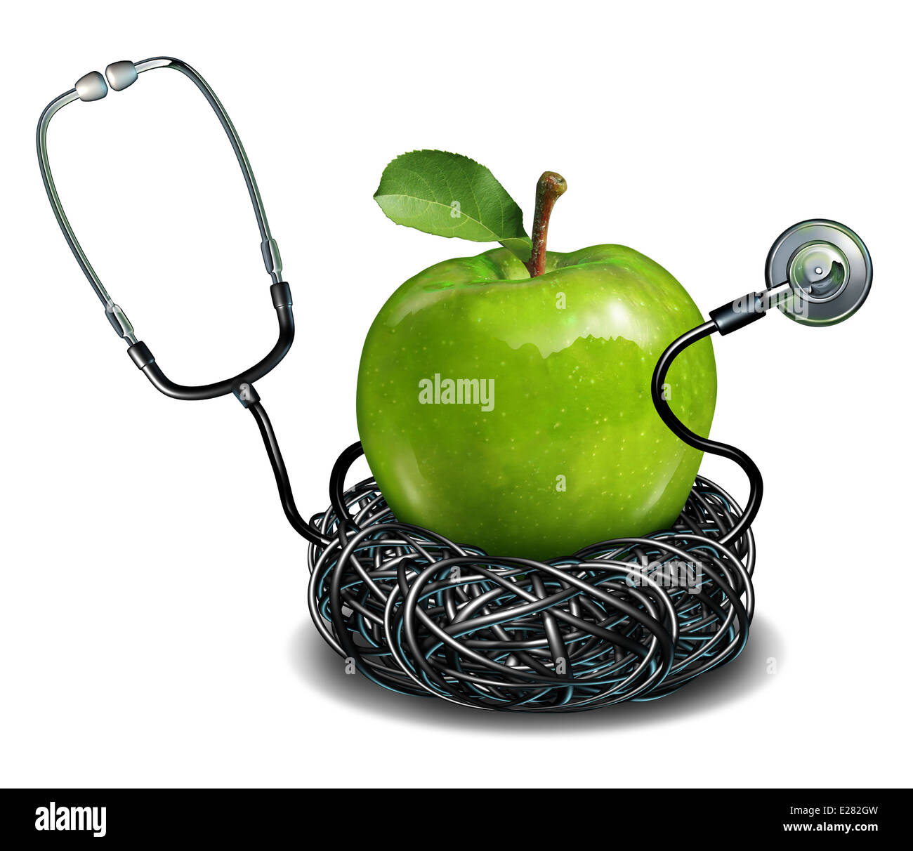 Une saine alimentation et une bonne nutrition en tant que médecin stéthoscope sous forme d'un nid de la protection d'un green Granny Smith Apple comme une médecine de soins de santé et un concept de vie vie de bonne santé et d'assurance médicale. Banque D'Images