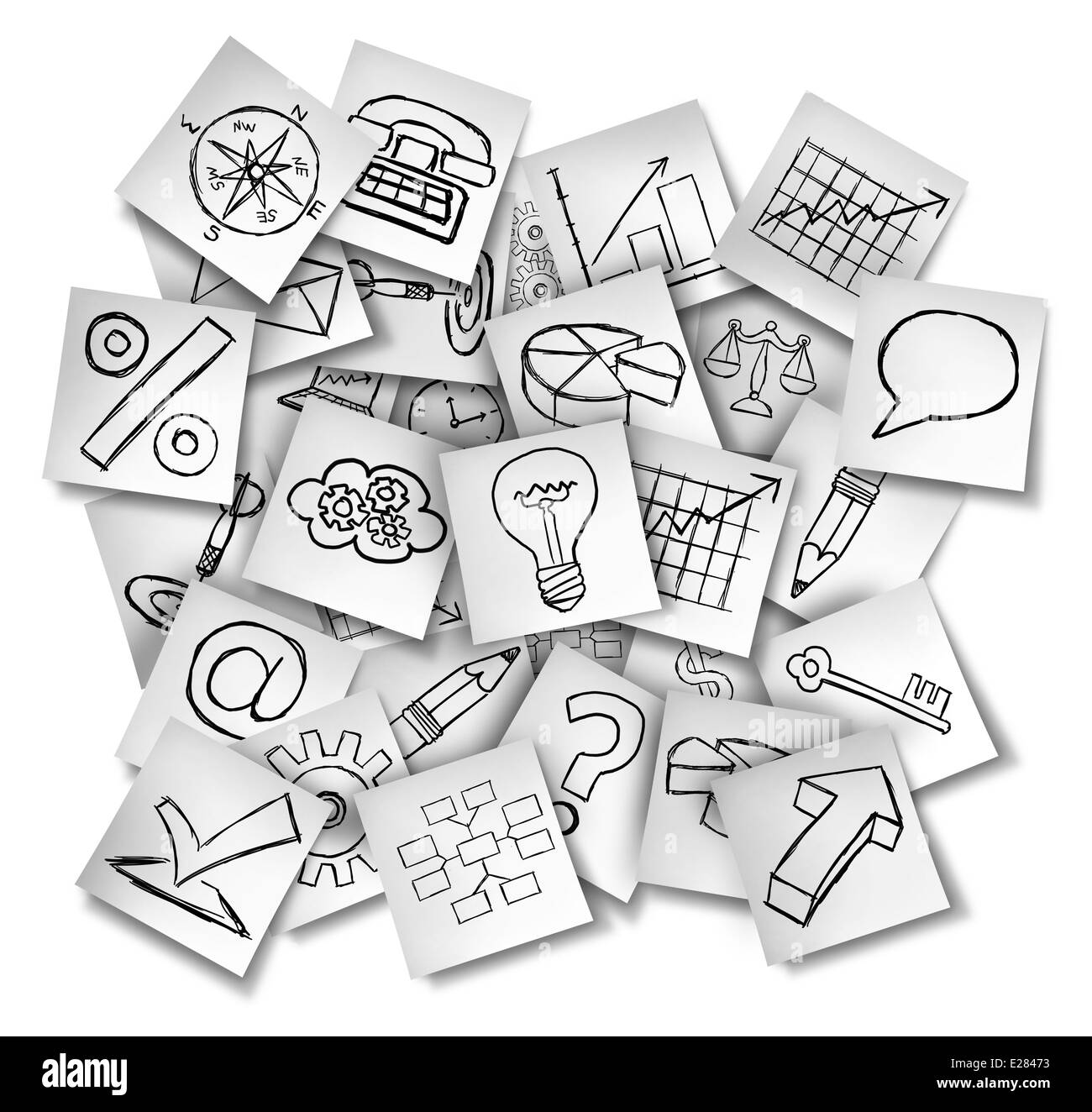 Les icônes de bureau note comme un concept d'information d'affaires et les données financières en tant que groupe de livres blancs avec des dessins de finances Banque D'Images