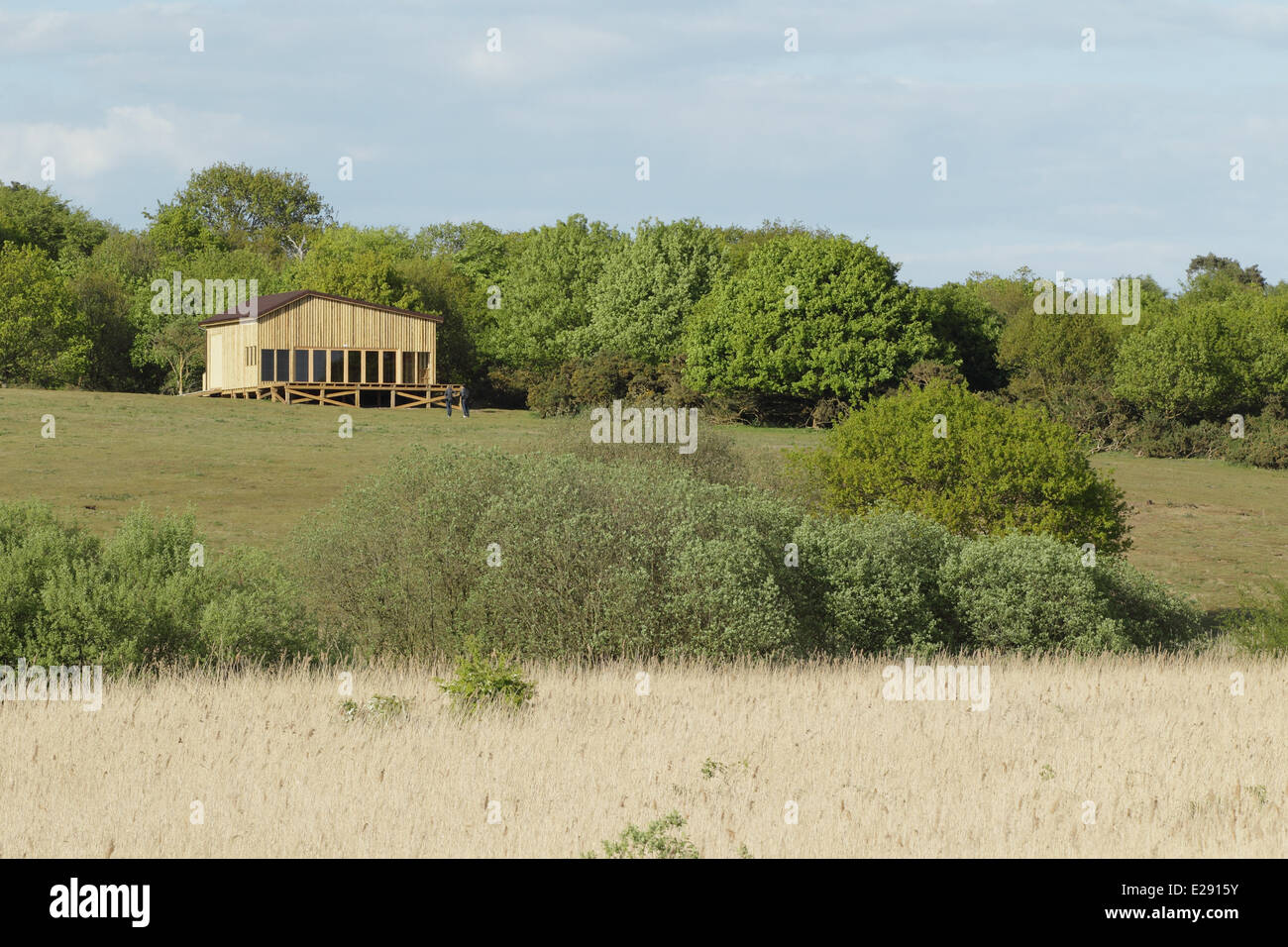 Vue sur le Centre de contrôle de la BBC Springwatch donnant sur la réserve naturelle, la réserve RSPB Minsmere, Suffolk, Angleterre, Mai Banque D'Images