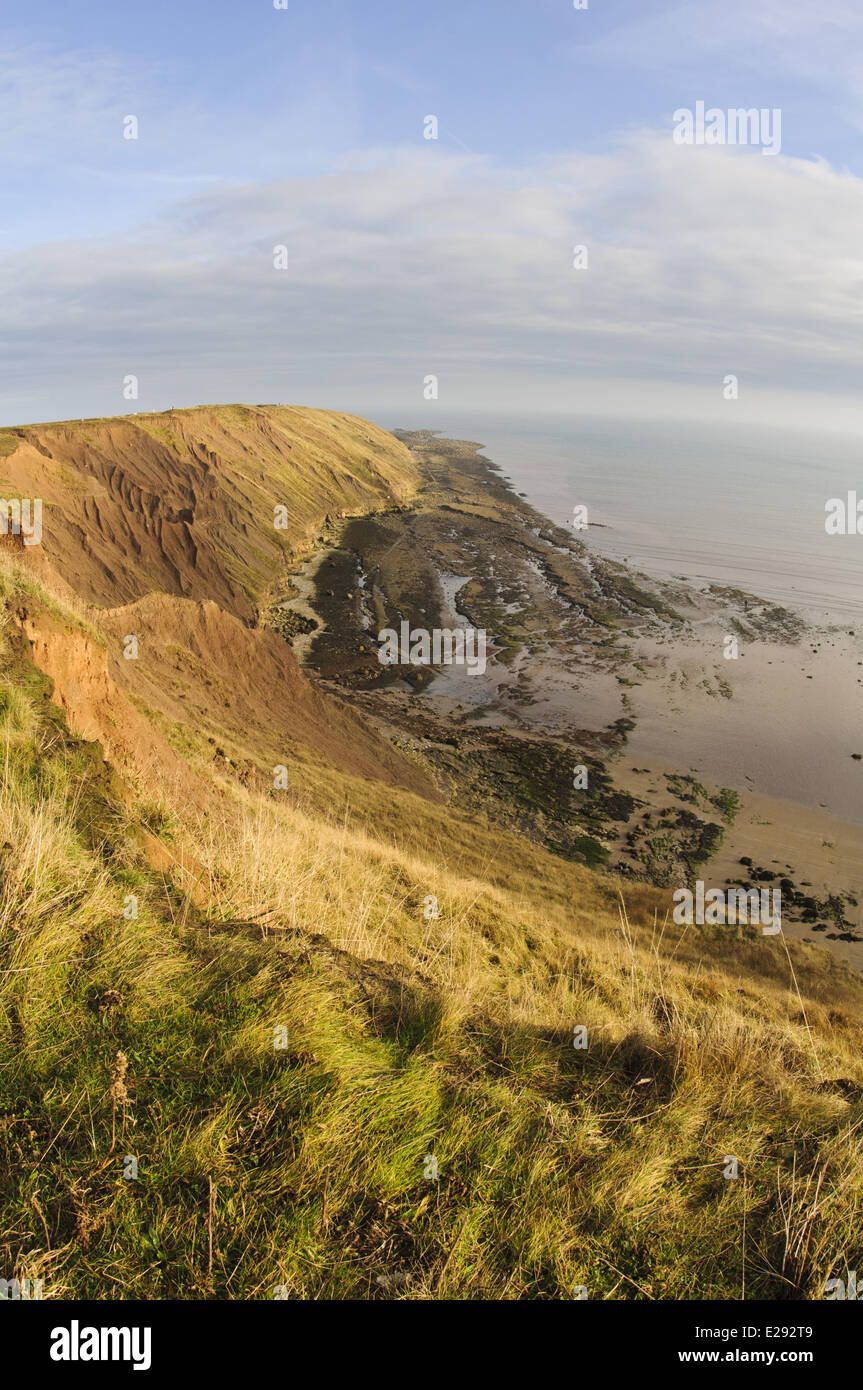 Vue sur la côte rocheuse, les falaises et la mer, à la recherche de clifftop à Filey Country Park, Filey Brigg, North Yorkshire, Angleterre, Novembre Banque D'Images