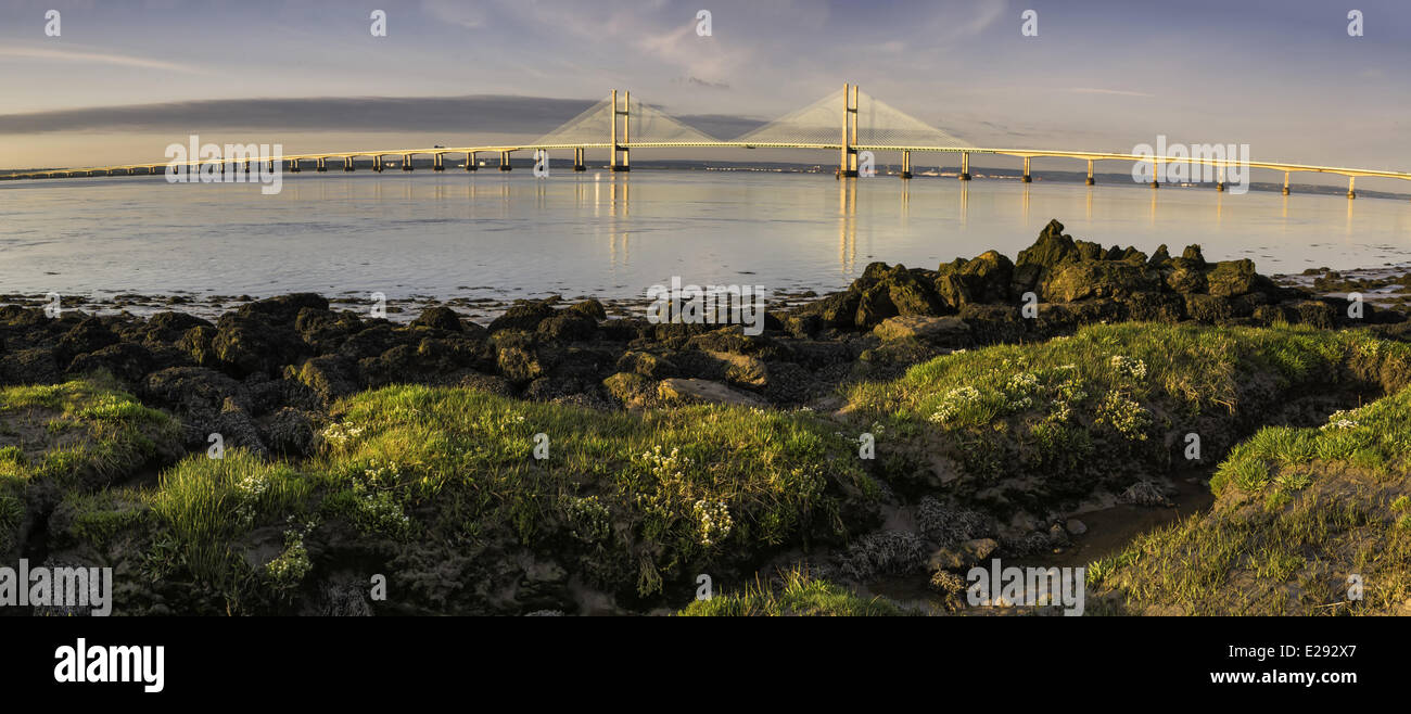 Vue de pont-route sur la rivière au lever du soleil, vu de près de Black Rock, Portskewett Deuxième Severn Crossing, fleuve Severn, estuaire du Severn, Monmouthshire, Wales, juin Banque D'Images