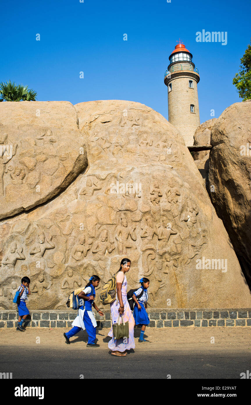 L'Inde, l'Etat du Tamil Nadu, Mahabalipuram (Mamallapuram), ou l'ébauche de la Descente du Gange (également appelé Arjuna's Banque D'Images