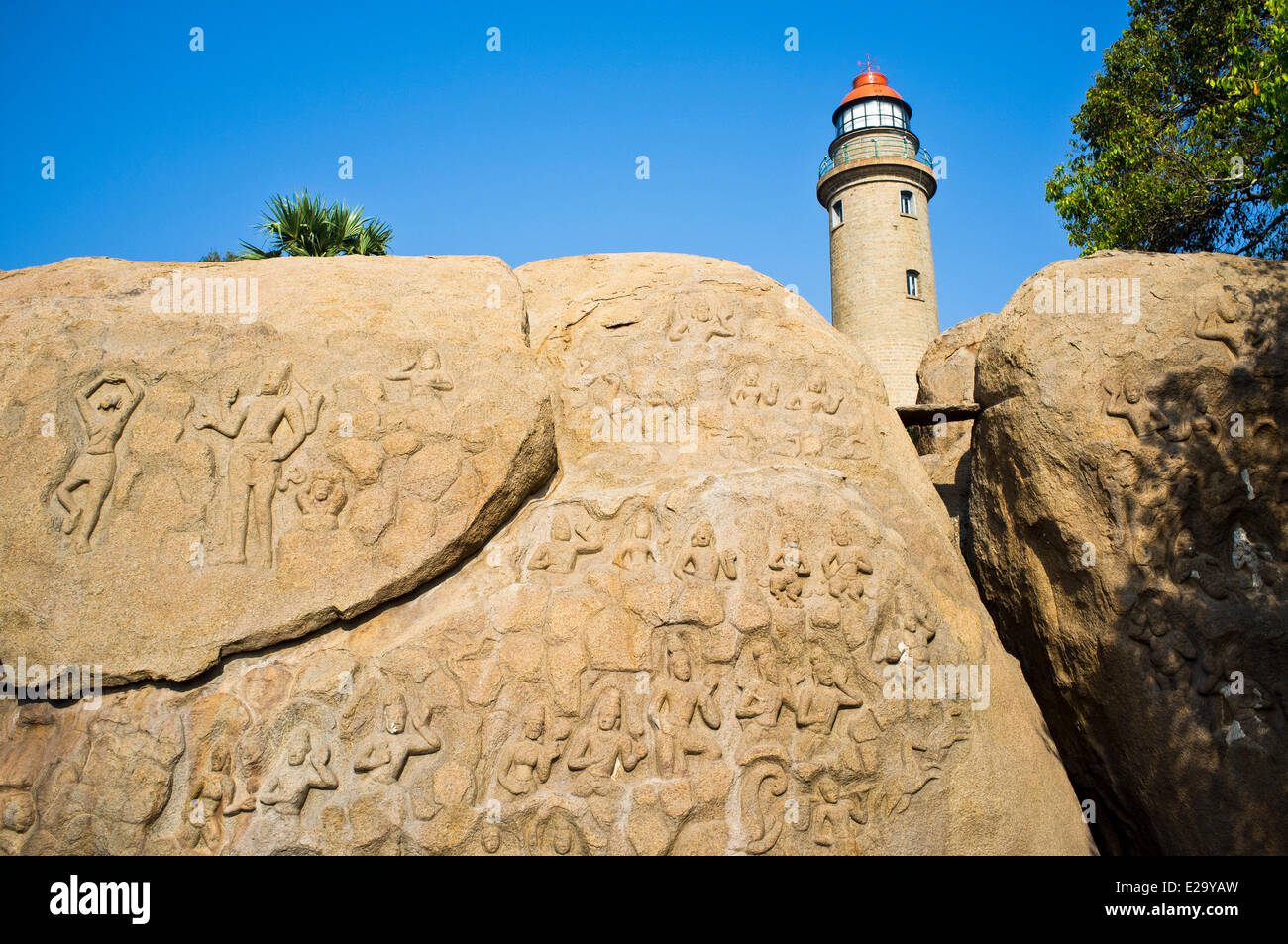 L'Inde, l'Etat du Tamil Nadu, Mahabalipuram (Mamallapuram), ou l'ébauche de la Descente du Gange (également appelé Arjuna's Banque D'Images