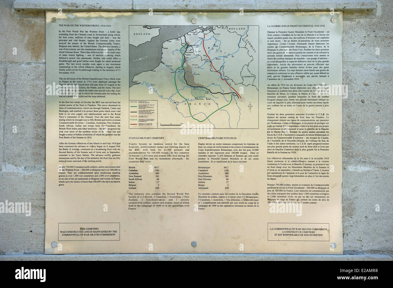 La France, Pas de Calais, Etaples, cimetière militaire britannique de la Première Guerre mondiale, avec carte expliquant la guerre sur l'Ouest Banque D'Images