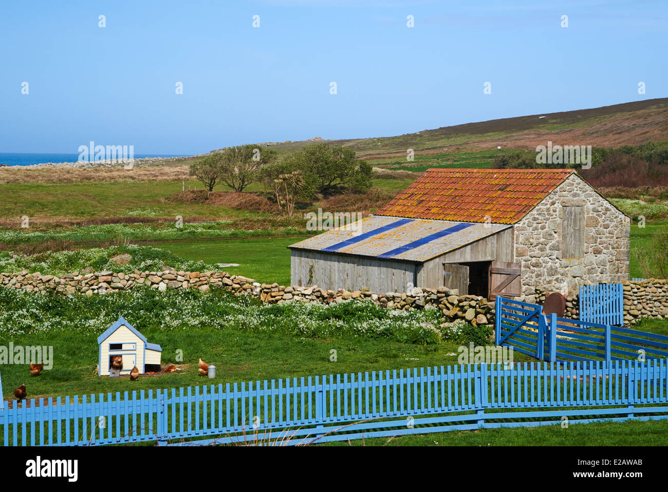 Hangars de poulet et dépendance à l'enfer Bay, Bryher, Îles Scilly, Scillies, Cornwall en Avril Banque D'Images