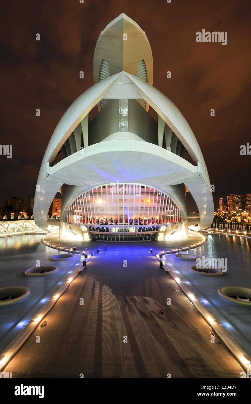 L'espagne, Valence, Cité des Arts et des Sciences de Valence, Palais des Arts Reina Sofia, l'architecte Santiago Calatavra par nuit Banque D'Images