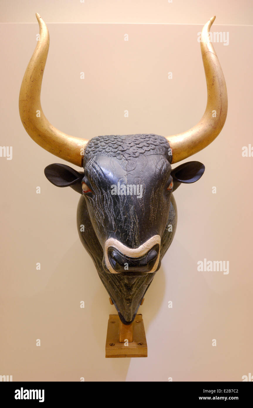 Grèce, Crète, Héraklion, musée archéologique, vase verre en forme de tête d'un taureau du palais de Knossos (1600 avant J.-C.) Banque D'Images