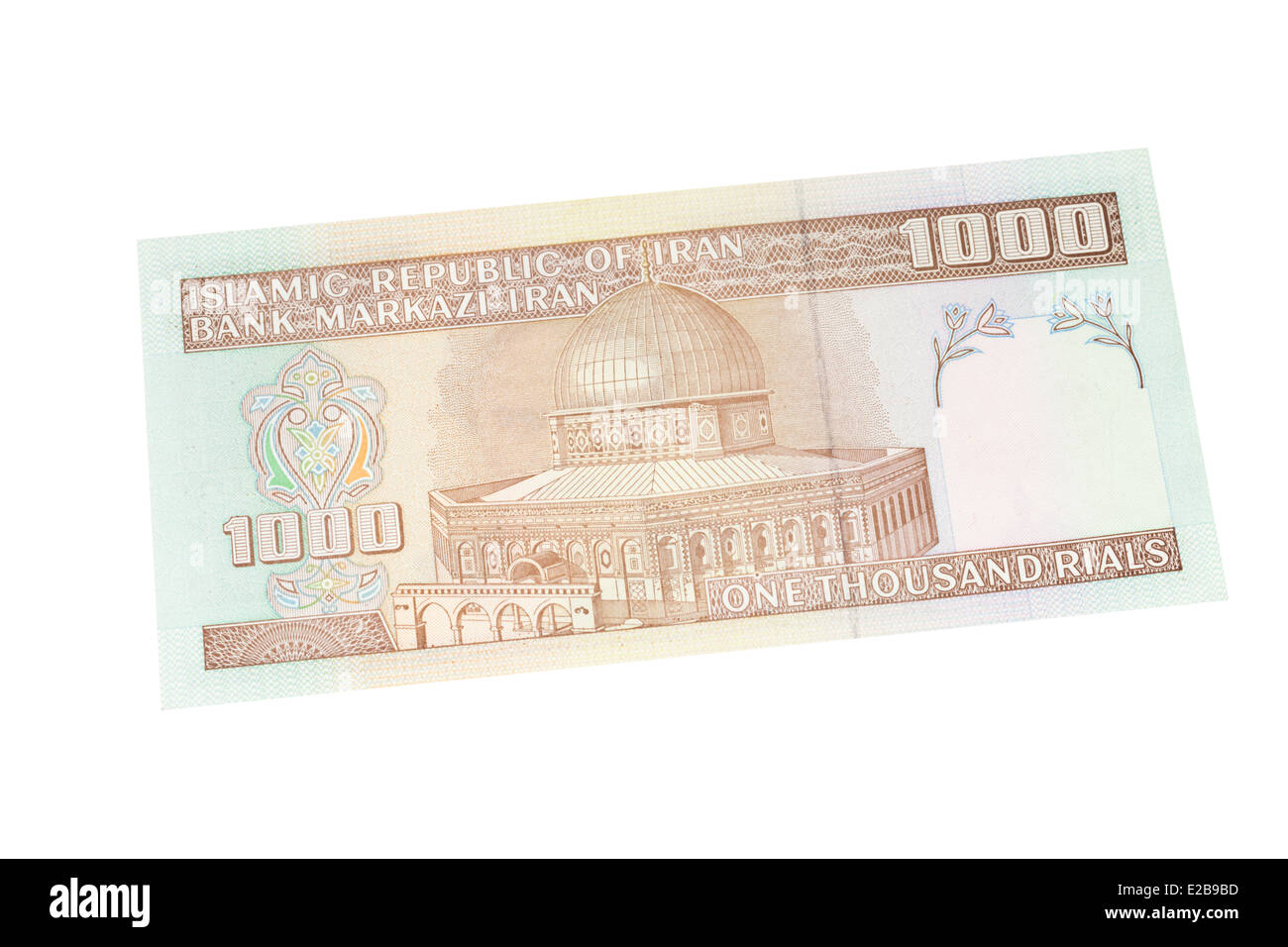 Rial iranien mille euros sur un fond blanc Banque D'Images