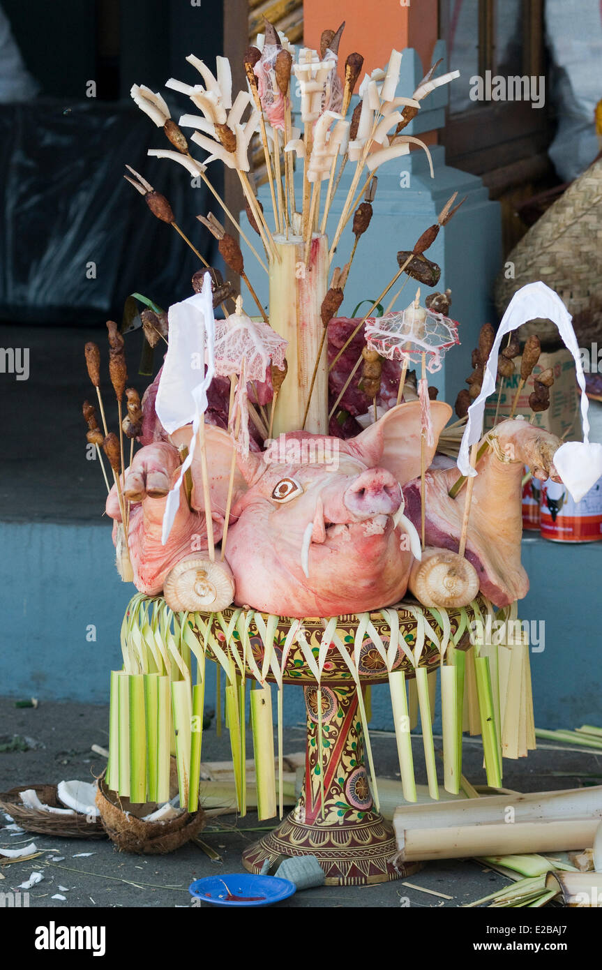 L'INDONÉSIE, Bali, près de Bedugul, temple d'Ulun Danu Batur, cérémonie religieuse annuelle, l'offre, la tête de cochon Banque D'Images