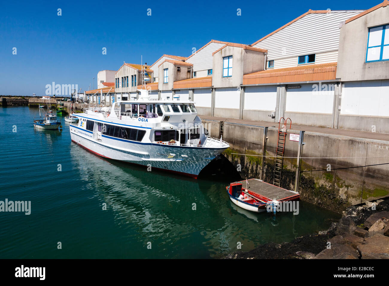 France, Vendée, Ile d'Yeu, Port Joinville, ferry dans le port Banque D'Images