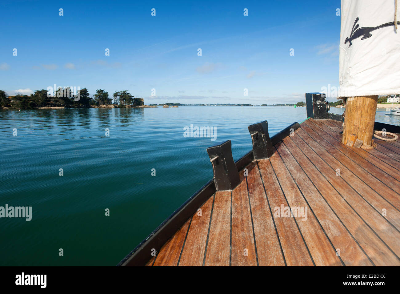 France, Morbihan, Golfe du Morbihan, ancien voilier sinagot Joli Vent en face de l'Ile Boedic Banque D'Images