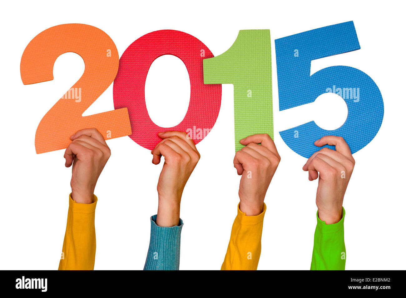 Les mains avec numéros de couleur indique l'année 2015. Isolé sur fond blanc Banque D'Images