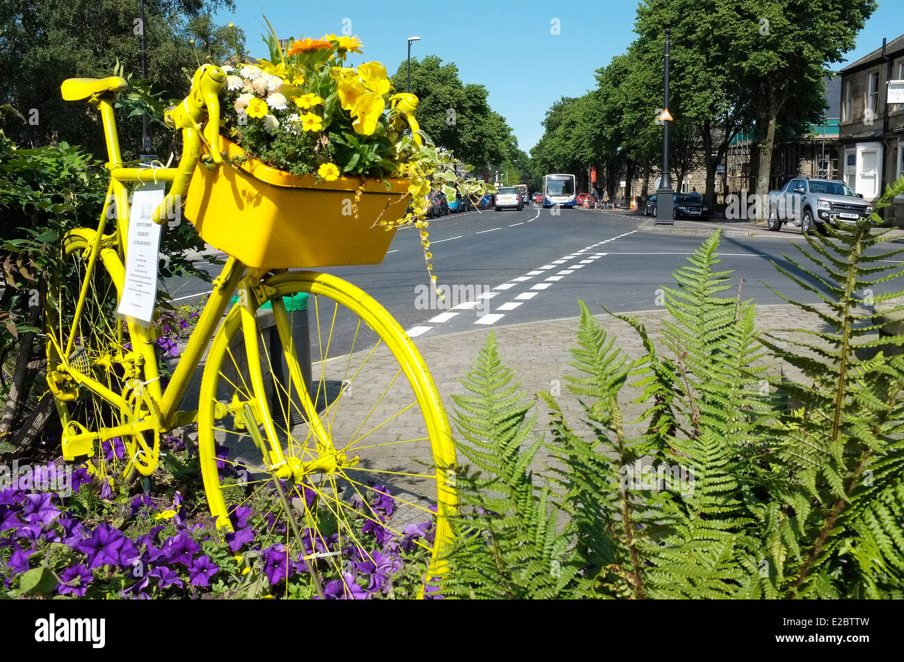 Les préparatifs de la Tour de France 2014, Grande partent en Otley, Leeds, Yorkshire - vélo jaune avec des fleurs dans le panier Banque D'Images