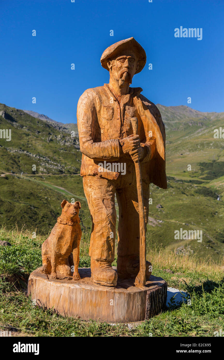 France, Savoie, Les Menuires, sculpture de Regis Suchet le Berger des Alpages (le berger des alpages) Banque D'Images