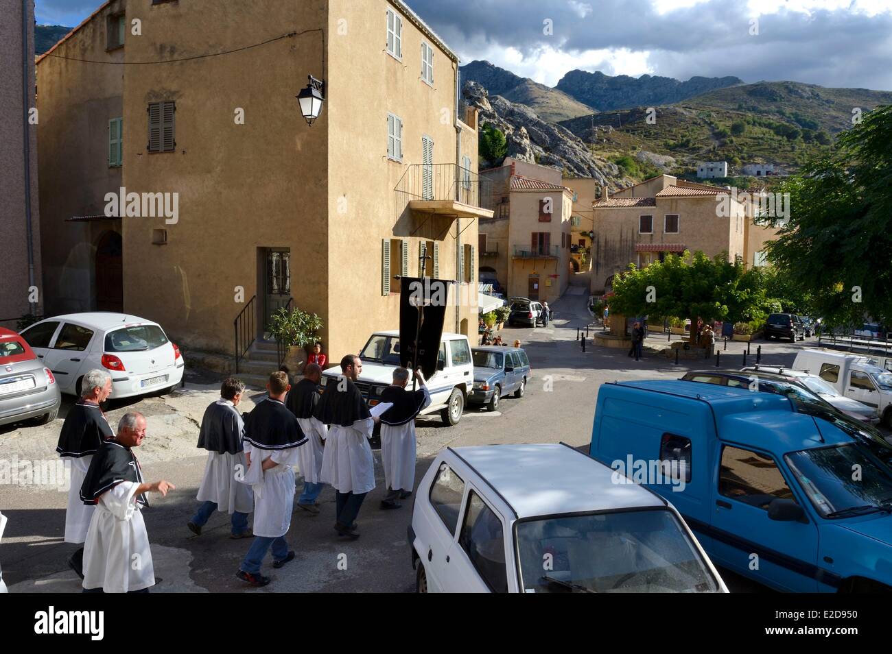 France, Haute Corse, Balagne, place du village de Speloncato Banque D'Images