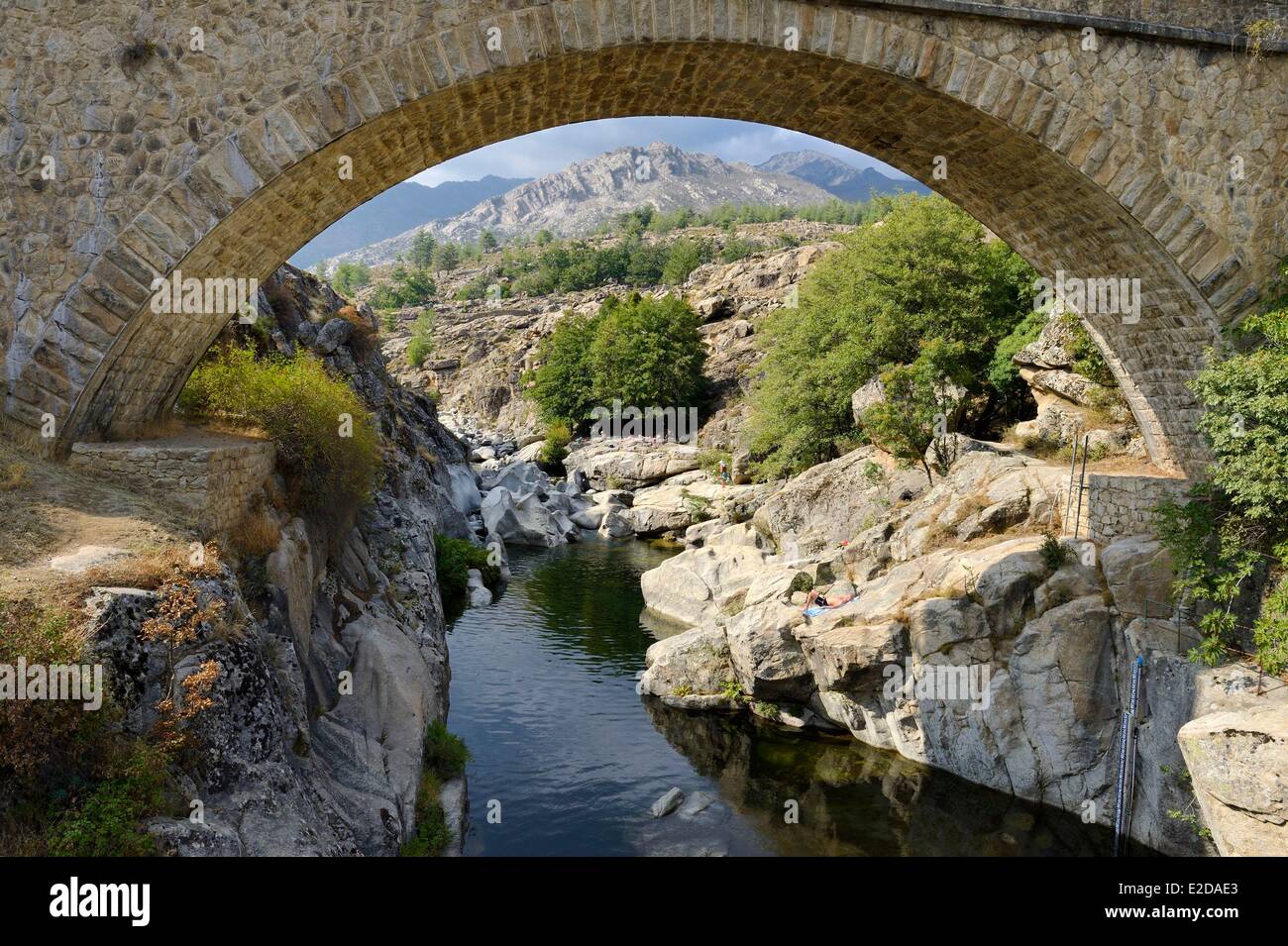 France, Haute Corse, Niolu (Niolo) région, la natation dans la rivière Golo autour du pont génois Ponte pension, le nouveau pont de la D84 Banque D'Images
