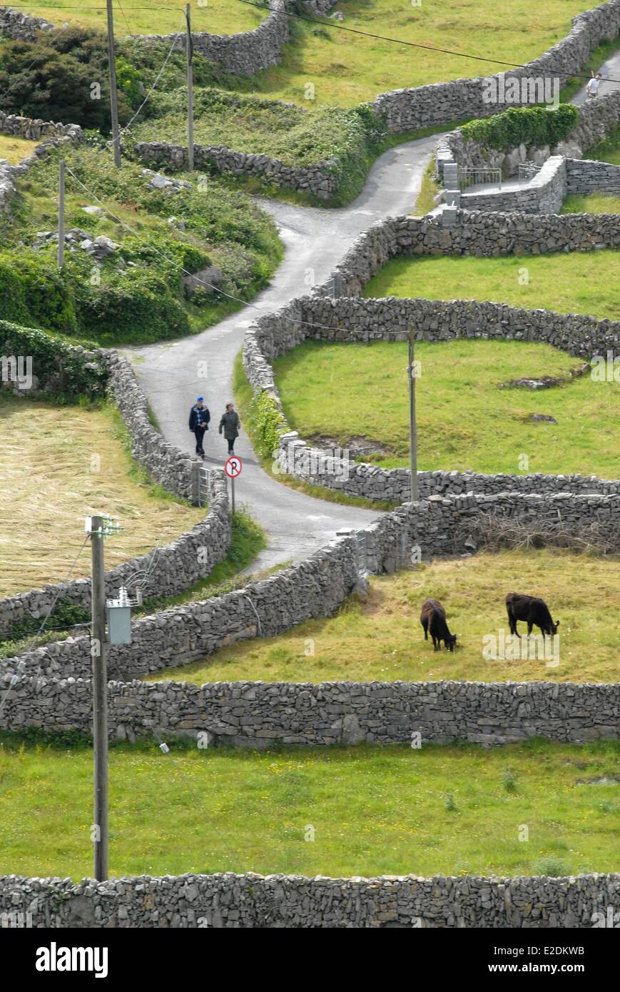 Comté de Galway Irlande îles Aran murs en pierre sèche d'Inisheer les marcheurs sur la route Banque D'Images