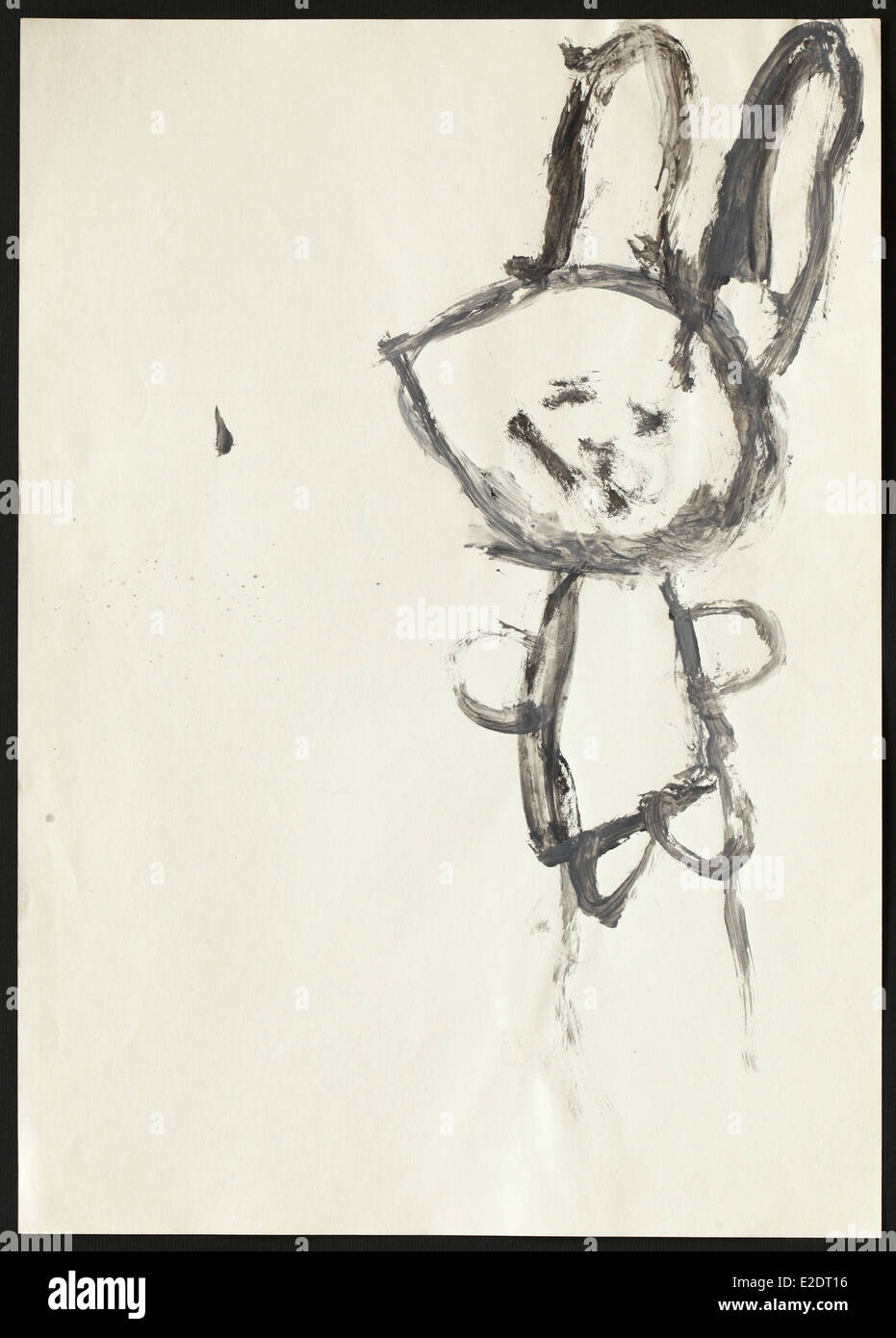 Dessin d'enfant d'origine d'un lapin noir dessiné par une fillette de 5 ans. Banque D'Images