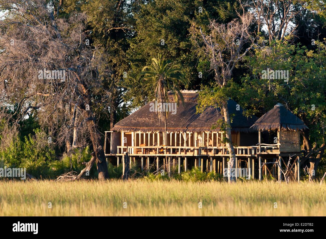 La Jao Camp est un camp de luxe au coeur du delta de l'Okavango dans la réserve de Jao privé accessible par air taxi Banque D'Images
