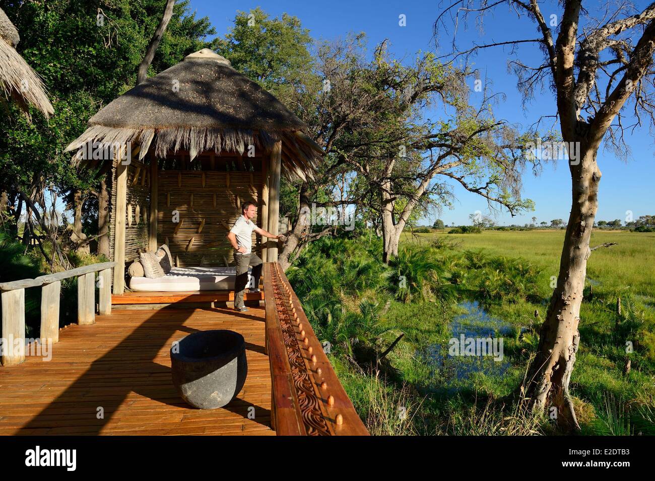 La Jao Camp est un camp de luxe au coeur du delta de l'Okavango dans la réserve de Jao privé accessible par air taxi Banque D'Images