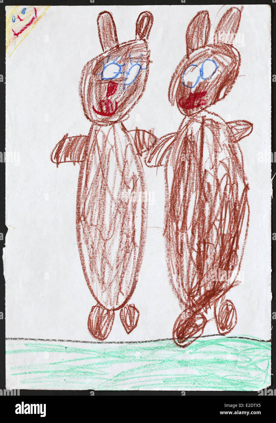 Dessin d'enfant d'origine de deux ours bruns dessiné par une fillette de 5 ans. Banque D'Images