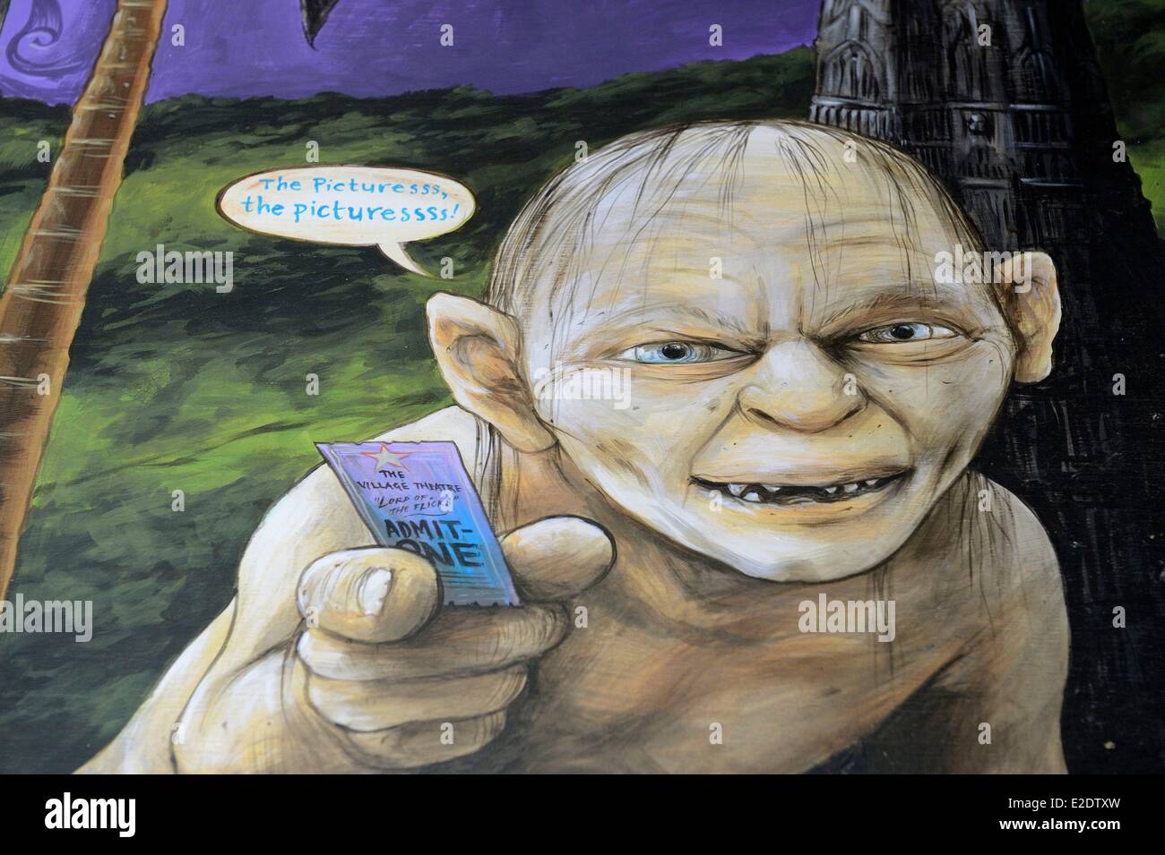 L'île du Sud Nouvelle-zélande région Tasman Takaka Gollum du film Le seigneur des anneaux (de Peter Jackson) à l'entrée du cinéma Banque D'Images