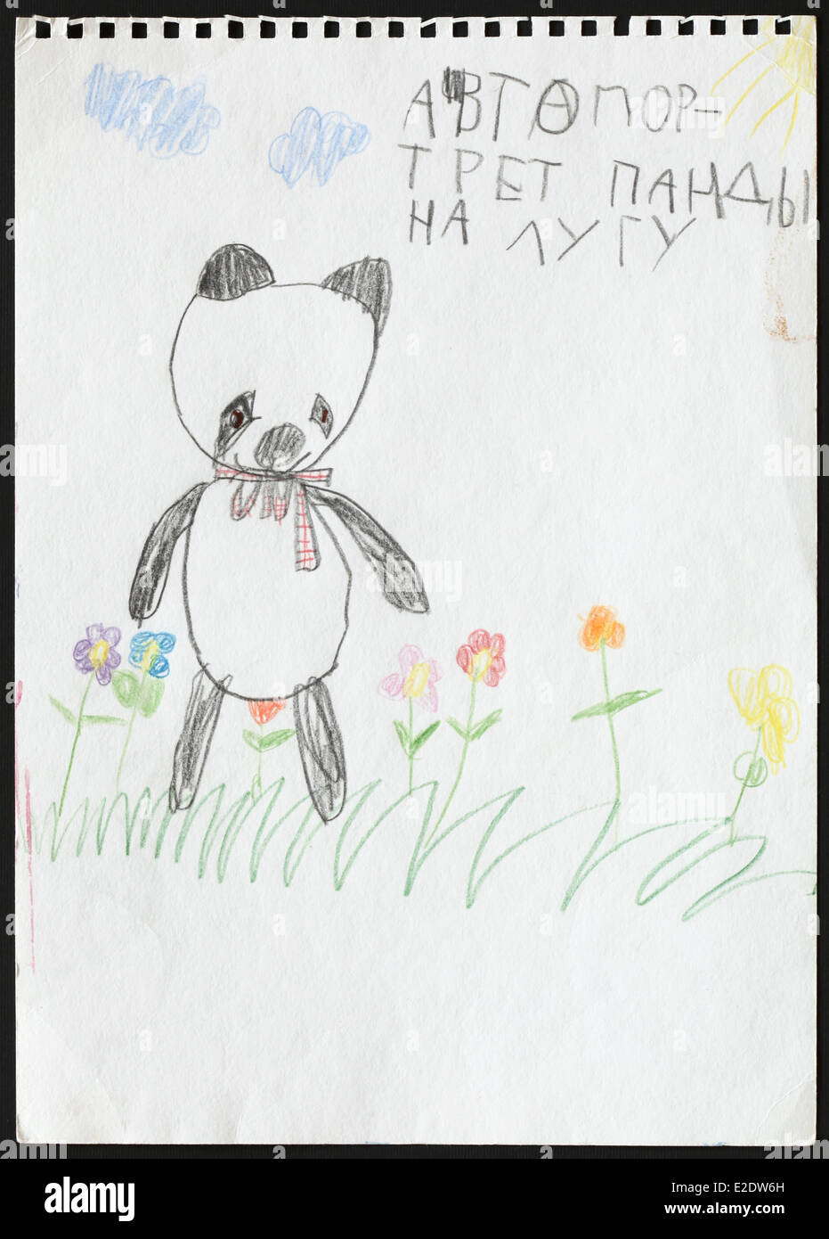 Dessin d'enfant d'origine d'un grand panda sur l'épanouissement prairie dessiné par une fillette de 5 ans. Banque D'Images