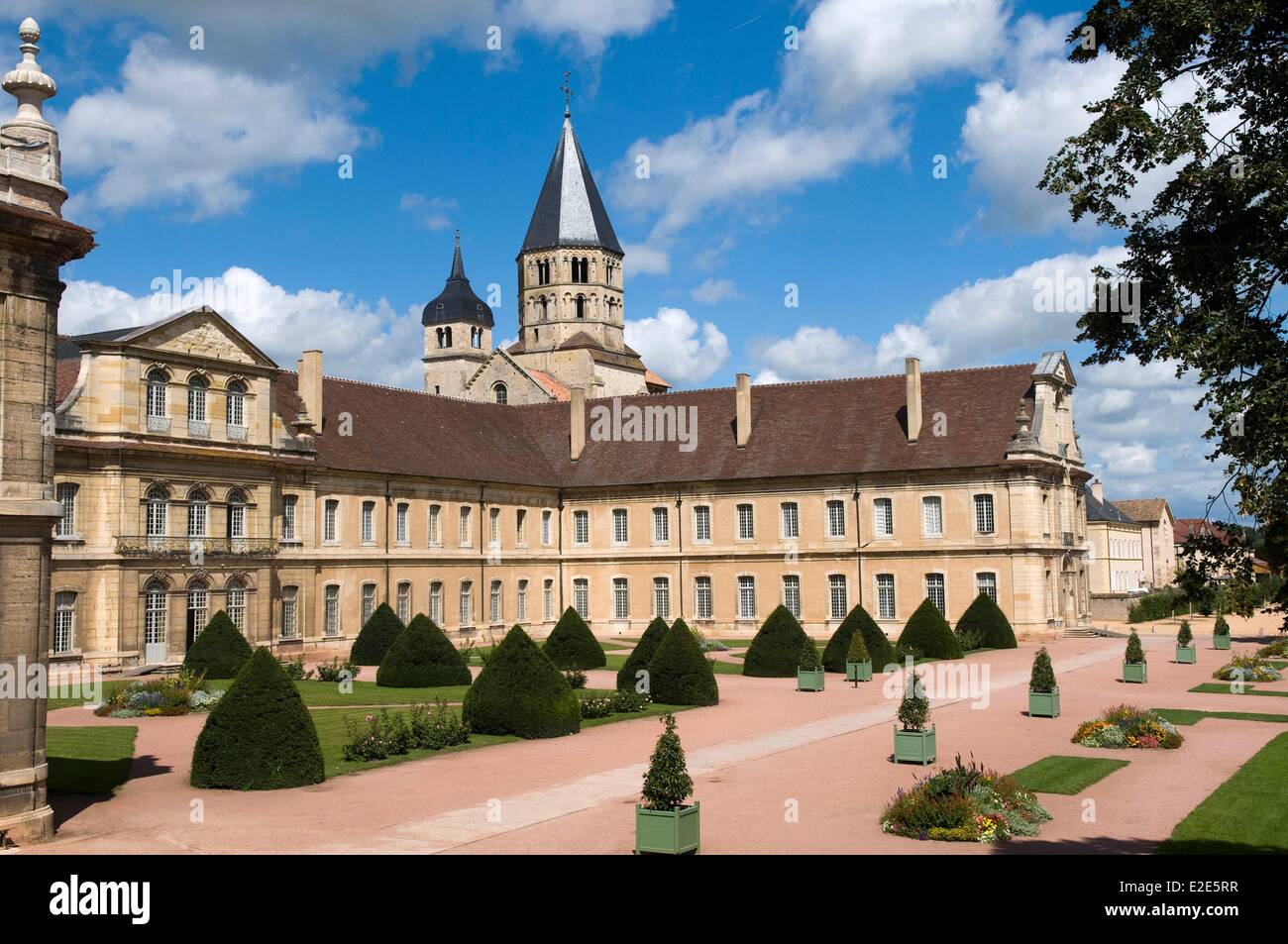 France, Saône et Loire, l'Abbaye de Cluny de Cluny, l'eau bénite et l'horloge de la tour, les bâtiments de l'abbaye et de l'École des Arts et Métiers Banque D'Images