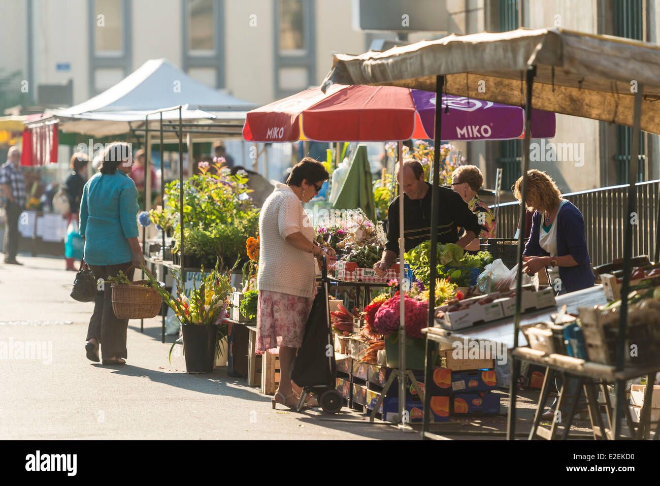 France, Manche, Cherbourg Octeville, jour de marché en face du théâtre, sur la Grande Place Banque D'Images