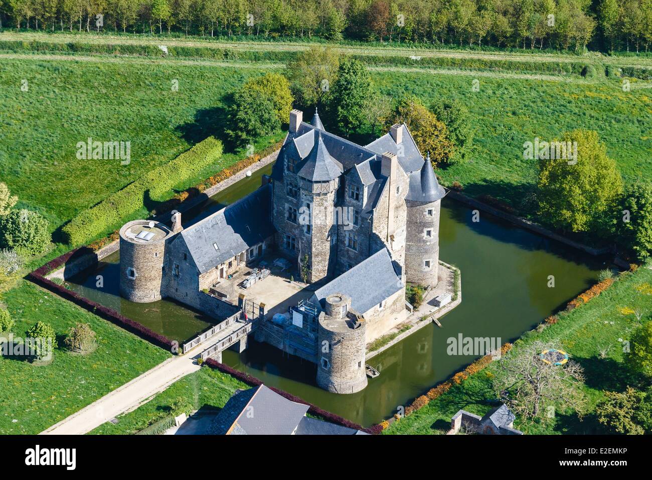 La France, dans le Maine et Loire, tourbière, Château de Vaux (vue aérienne) Banque D'Images