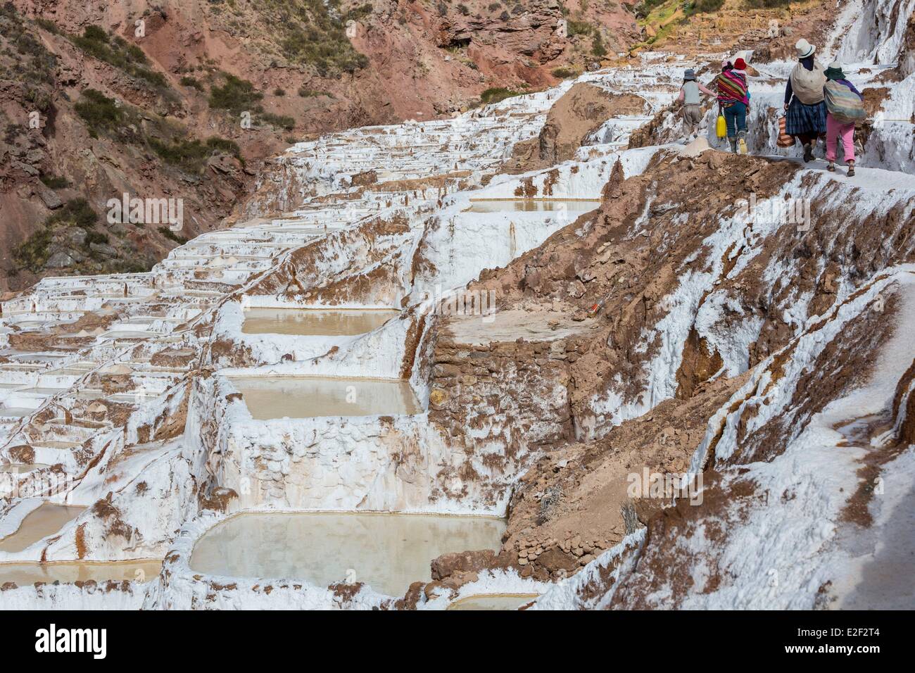 Le Pérou, Cuzco Province, Vallée Sacrée des Incas, Salinas de Maras, sel l'exploitation minière dans les Andes Banque D'Images