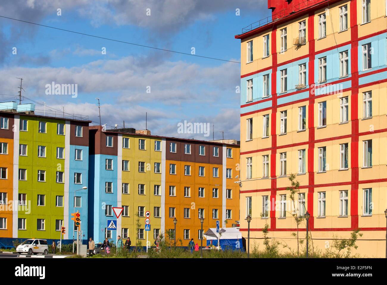 La Russie, la Tchoukotka, district autonome d'Anadyr, headtown du district, les bâtiments peints ou décorés avec des photos en couleur Banque D'Images