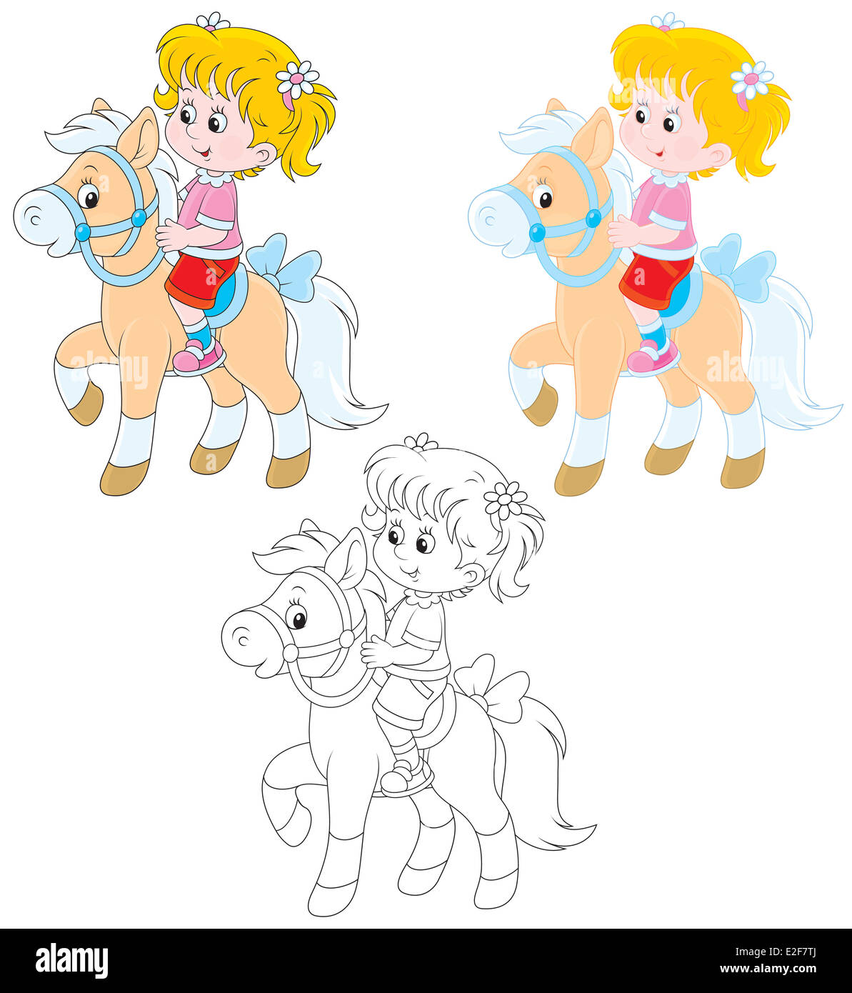 Girl riding un poney, trois versions de l'illustration Banque D'Images