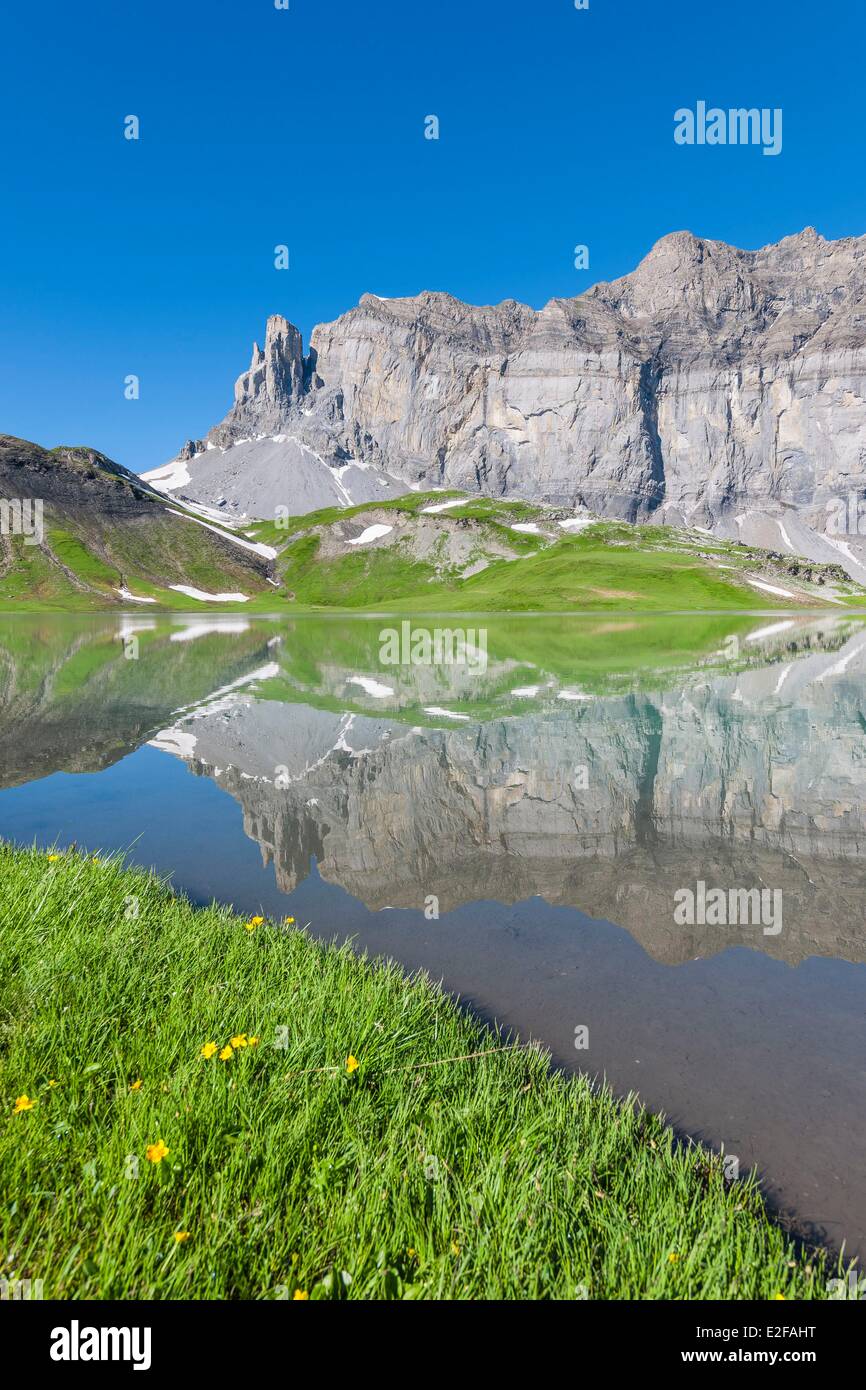 France, Haute-Savoie, vallée du Giffre, la randonnée au col Anterne, lac  Anterne (alt : 2063m) au pied des rochers des Fiz Photo Stock - Alamy