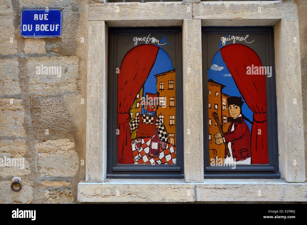 France Rhone Lyon site historique classé au Patrimoine Mondial par l'UNESCO Vieux Lyon (vieille ville) Dessins de Guignol et Gnafron dans Banque D'Images