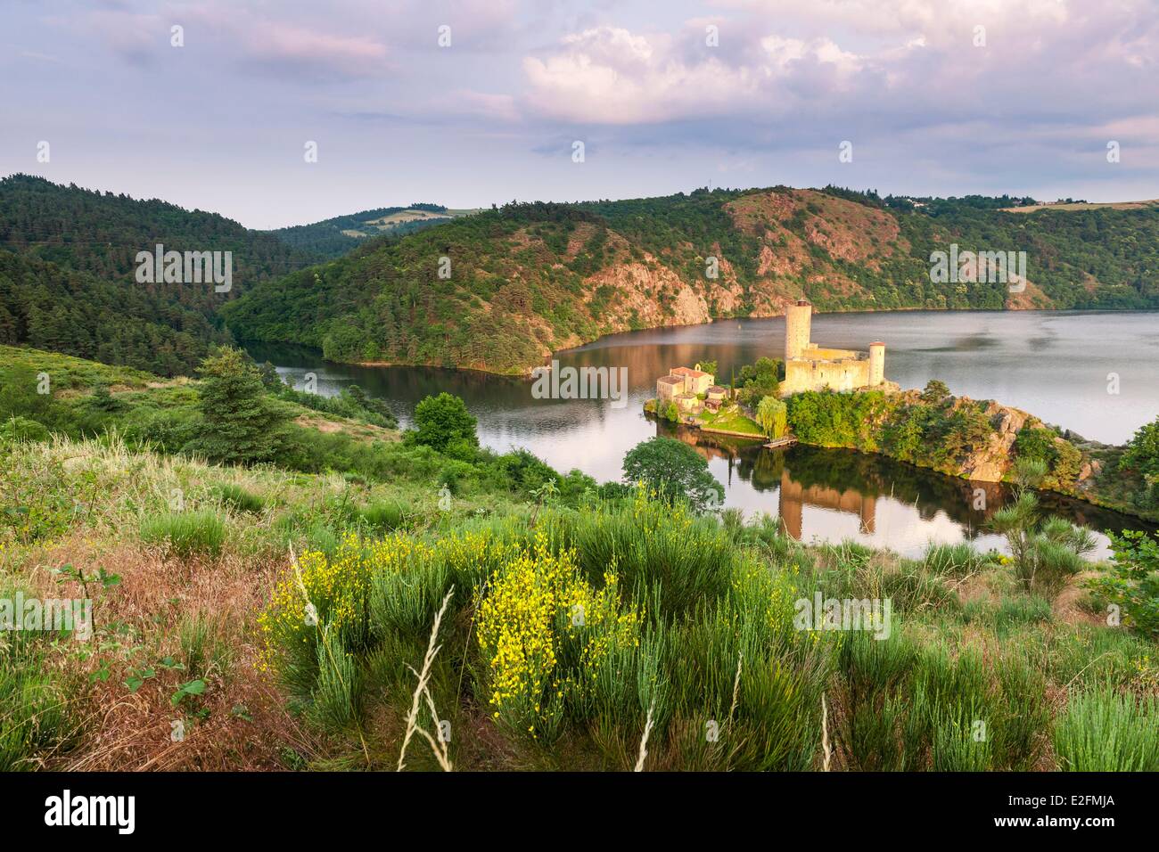 France Loire gorges de Loire Château de Grangent château du 12ème siècle reste isolée sur Grangent lac barrier Banque D'Images