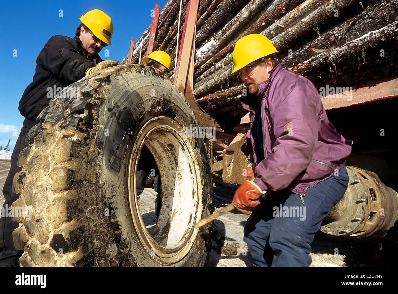 Canada Province du Québec Saguenay Lac Saint Jean avec un pneu à plat sur une remorque de billes de camionnage d'aider les uns les autres pour réparer une roue Banque D'Images