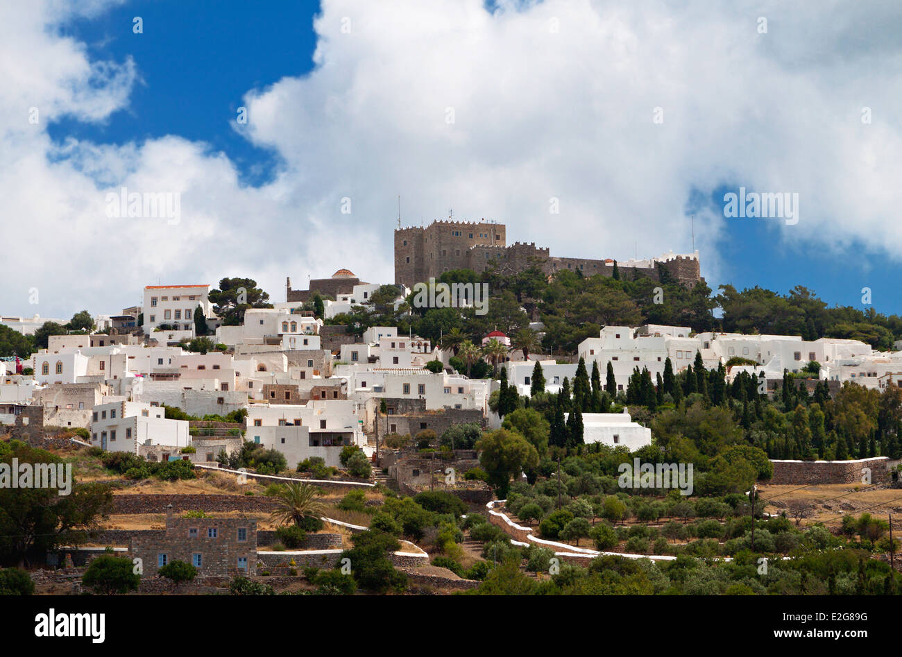 La Chora et Saint John Theologos monastère à l'île de Patmos en Grèce Banque D'Images