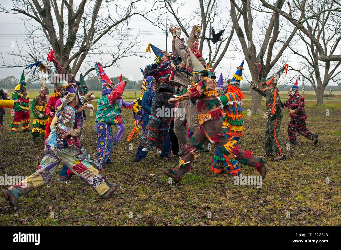 United States Louisiana Iota Courir de Mardi Gras est une tradition cajun qui a lieu chaque année au cours de Mardi-Gras dans cette région de langue française et en costumes colorés hommes cagoulés vont de maison en maison à pied ou à cheval à la mendicité pour l'argent ou des volailles vivantes e Banque D'Images