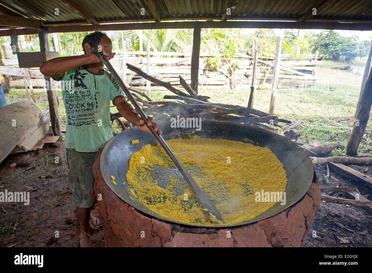 L'état d'Amazonas au Brésil bassin amazonien un homme fait une farine de manioc (Manihot esculenta) Banque D'Images