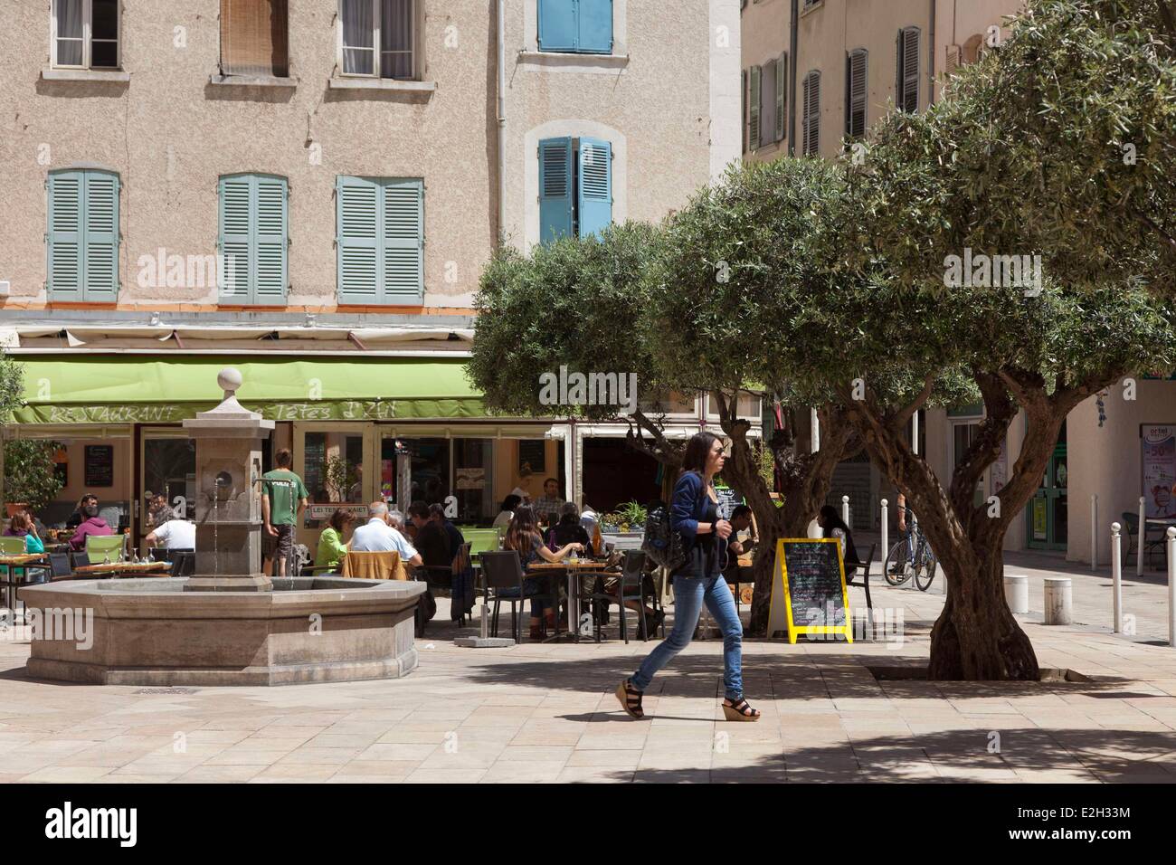 France Var Toulon ville basse terrasse restaurant de poissons au lieu de têtes d'ail dans les oliviers Banque D'Images